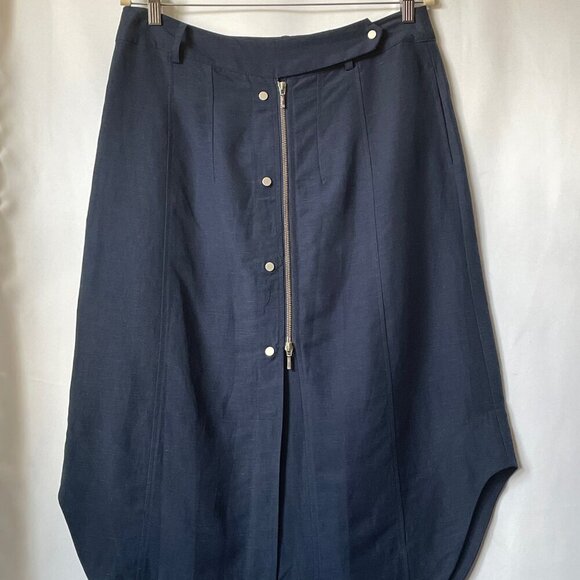 Tristan A-Line Midi Skirt 12 Blue Tencel Linen Button Full Zip Asymmetric Hem - Picture 6 of 9